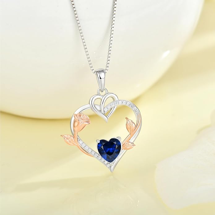 Rose Heart Necklaces for Women - 925 Sterling Silver Gold Rose Birthstone Pendant Jewelry for Girlfriend Daughter - Anniversary Birthday Christmas Valentines Day Mother’s Day Jewelry Gifts for Women Wife Her Girls Mom