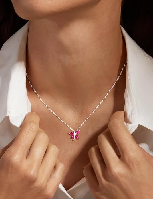 925 Sterling Silver Birthstone Necklaces for Women, Dainty Cute Dragonfly/Butterfly Pendant Necklace, Great Christmas/Anniversary Jewelry for Mother