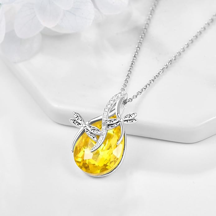 PRAYMOS S925 Sterling Silver Birthstone Necklaces for Women Dainty CZ Necklace Dragonfly Pendant Minimalist Jewelry Gift