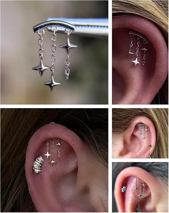 Sterling Silver 925 Flat Back Earring for Women Hidden Helix Piercing Jewelry 16G Star Moon Dangle Cartilage Internally Threaded Tragus Conch Stud Screw Cubic Zirconia Ear Ring