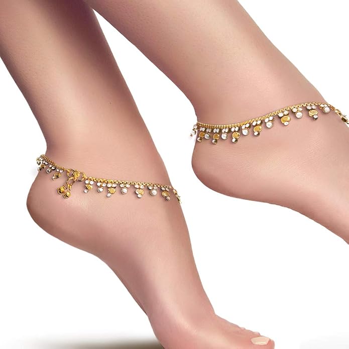 Duel On Jewel Gold Payal Set for Women, Indian Paayal Jhanjar Chain Anklets with Bell Detail, Foot Jewelry Pair, 10 Inch Comfort Fit, Traditional & Dainty Styles for Wedding Beach Everyday Gift