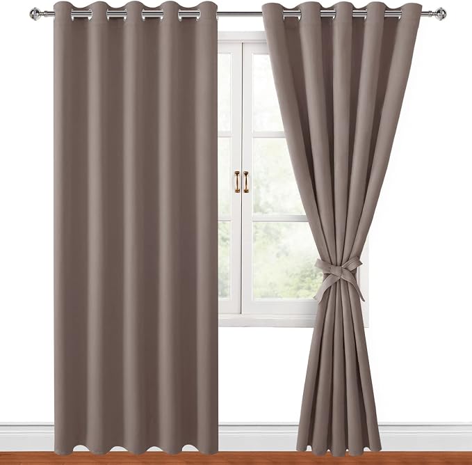 Hiasan Blackout Curtains for Bedroom, 60 x 84 Inches Long - Thermal Insulated & Light Blocking Window Curtains for Living Room/Kids Room, 2 Drape Panels Sewn with Tiebacks, Tan