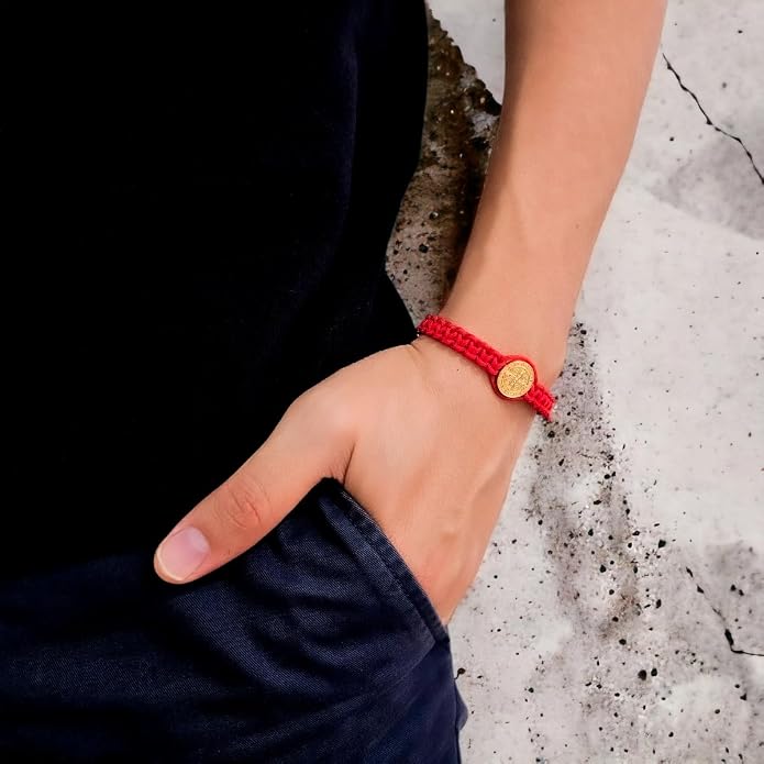 Men’s St. Benedict Red String Bracelet, Adjustable | Protection Against the Evil Eye & Negative Energy | Steel Gold Plated