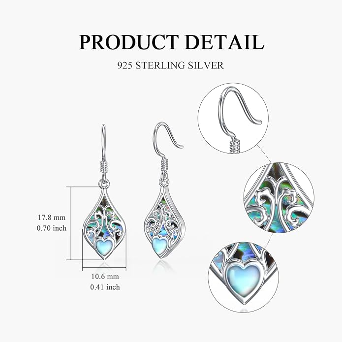 PELOVNY 925 Sterling Silver Filigree Dangle Earrings Hypoallergenic Abalone/Cubic Zirconia/Moonstone Earrings Vintage Jewelry Christmas Birthday Gifts for Women Mom Her