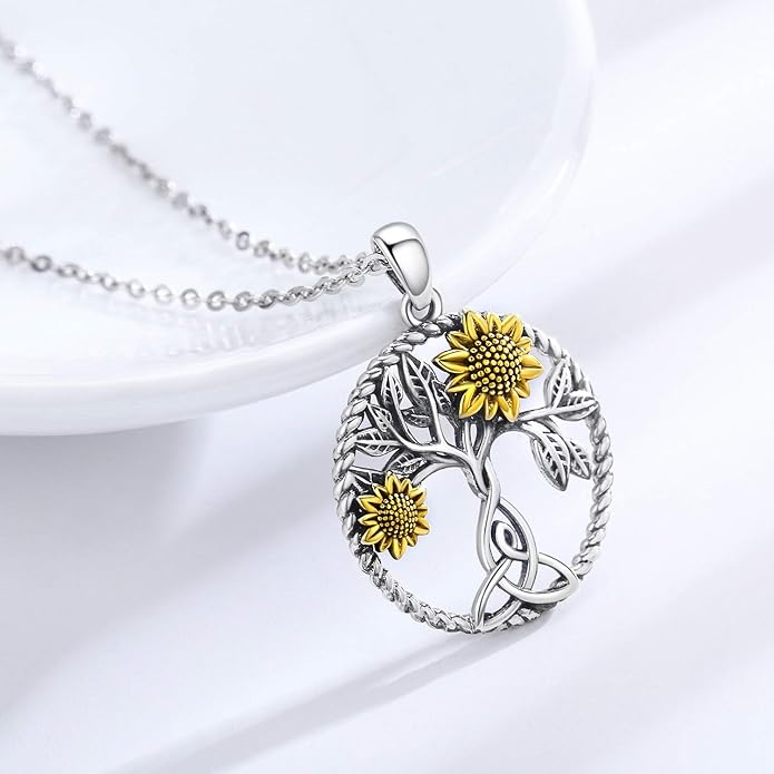 CHENGHONG Sunflower Necklace 925 Sterling Silver Tree of Life Necklace Daisy/Rose/Sunflower Pendant Necklace Sunflower Jewelry Gifts for Women Mom