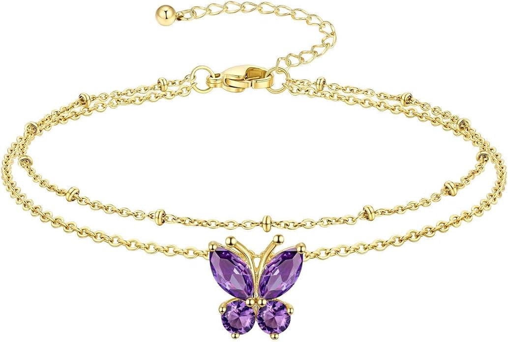 Richsteel Double Layer Heart/Butterfly Birthstone Anklet for Women Non Tarnish Waterproof, Silver/Gold/Black Stainless Steel 8.5-10.5 Inch Adjustable Chain Anklets Jewelry Gifts for Her