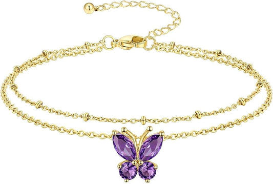 Richsteel Double Layer Heart/Butterfly Birthstone Anklet for Women Non Tarnish Waterproof, Silver/Gold/Black Stainless Steel 8.5-10.5 Inch Adjustable Chain Anklets Jewelry Gifts for Her