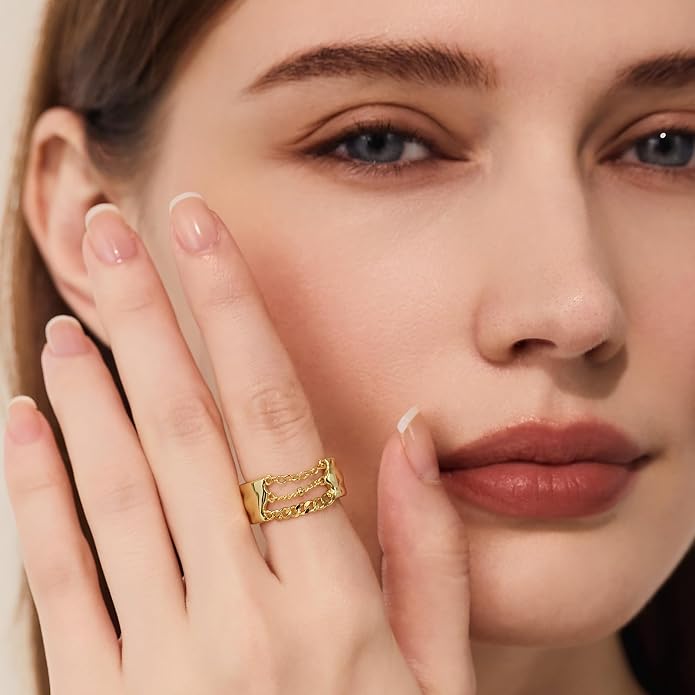 Cicy Bell Gold Rings for Women 18K Gold Plated Non Tarnish Chunky Wide Ring Chain Link Jewelry Gifts for Lovers and Mom Size 7