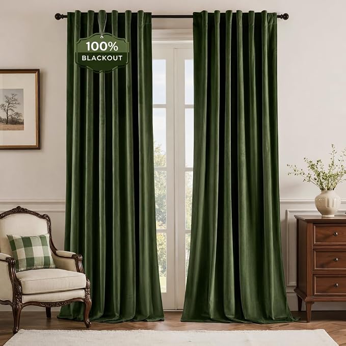 HOMEIDEAS 100% Blackout Olive Green Velvet Curtains, Thermal Insulated Luxury Vintage Winter Christmas Velvet Drapes for Bedroom, Living Room, Home Decor, 52 x 84 Inch, 2 Panels