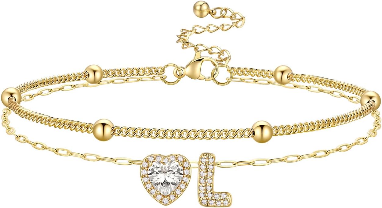 Bestyle Initial Anklet Bracelets for Women Waterproof Non Tarnish 14K Gold/White Gold Plated CZ Anklets for Women Dainty Layered Letter Heart Ankle Bracelets Adjustable Foot Chain Anklet