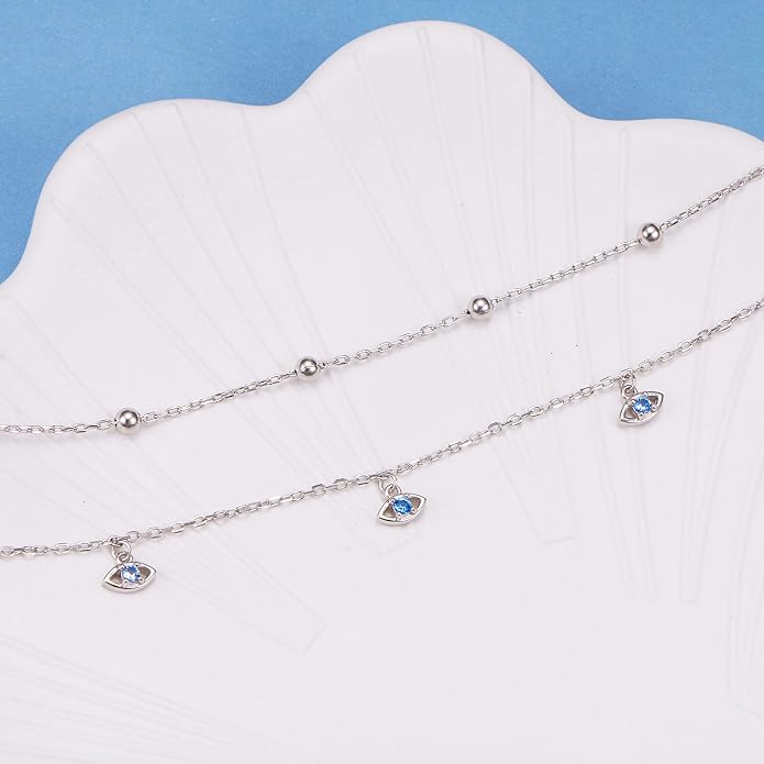 Anklet for Women S925 Sterling Silver Beach Style Foot Layered Adjustable Ankle Bracelet Disc Evil Eye Heart Infinity Bead Cross Jewelry