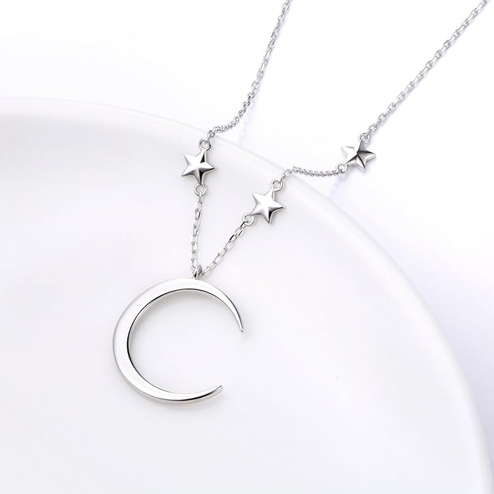 Ladytree 925 Sterling Silver Jewelry Crescent Moon and Star Pendant Necklace