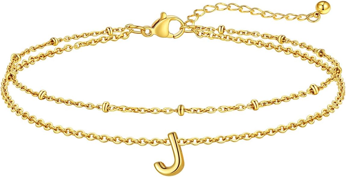 FaithHeart Initial Ankle Bracelets for Women, Waterproof 14k Gold Plated Initial Anklets Non Tarnish Stainless Steel Cute Layered Anklet Summer Beach Jewelry