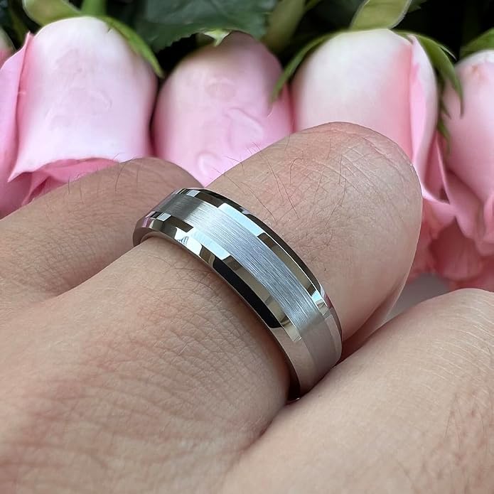 TUTISS 6mm 8mm Silver/Black/Gunmetal/Gold Tungsten Rings for Men Women Fashion Jewelry Engagement Wedding Bands Matte Polished Shiny Beveled Edges Comfort Fit