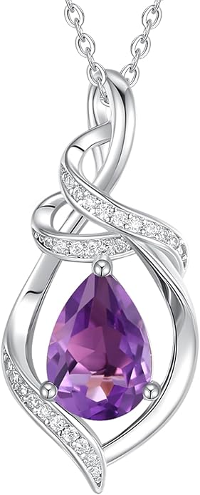 FANCIME Teardrop Birthstone Necklace for Women S925 Sterling Silver Elegant Ribbon Pendent Necklace Birthday Jewelry Gifts for Mom Wife Her, 16"+2" Inches