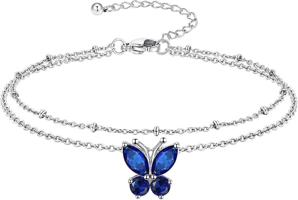 Richsteel Double Layer Heart/Butterfly Birthstone Anklet for Women Non Tarnish Waterproof, Silver/Gold/Black Stainless Steel 8.5-10.5 Inch Adjustable Chain Anklets Jewelry Gifts for Her