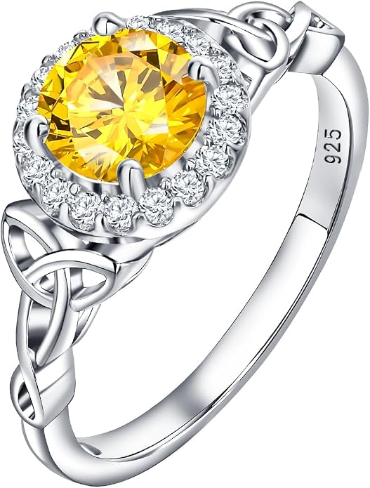 DAYBYDAY Celtic Birthstone Rings for Women 925 Sterling Silver Heart/Round/Pear/Oval Created Gemstone Moissanite Halo Engagement Promise Rings for Her Wife Birthday Anniversary Wedding Jewelry