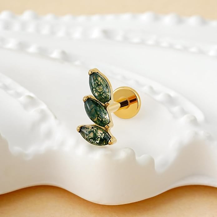 FINE4U 16G Moss Agate Body Piercing Jewelry for Helix Flat Tragus Lobe 16G 6mm 8mm - ASTM F136 Titanium Screw on Flat Back Stud, Hypoallergenic Cartilage Earring