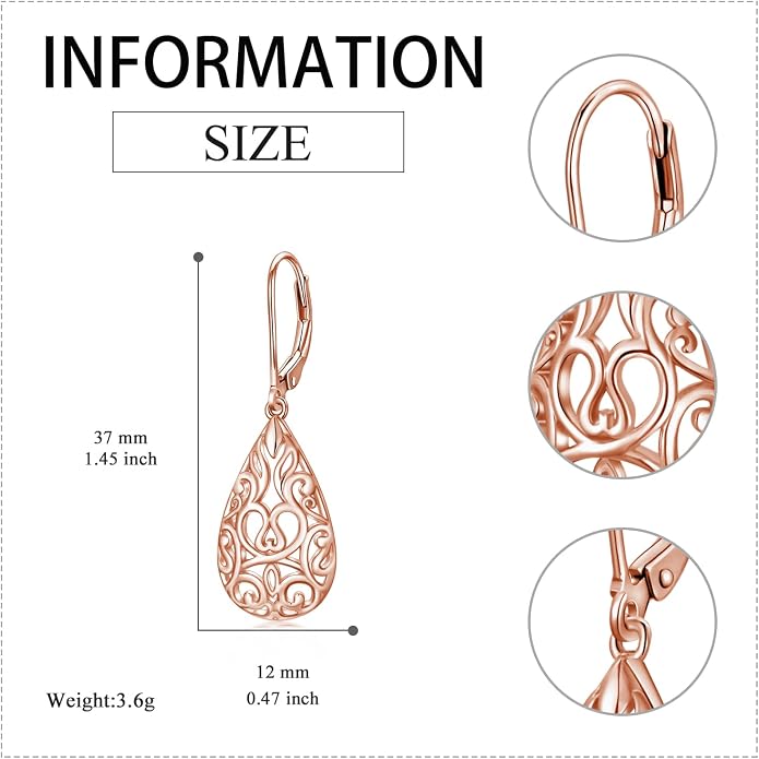 VONALA Filigree Teardrop Earrings for Women Sterling Silver Filigree Teardrop Dangle Earrings Filigree Leverback Earrings for Women Birthday Gift