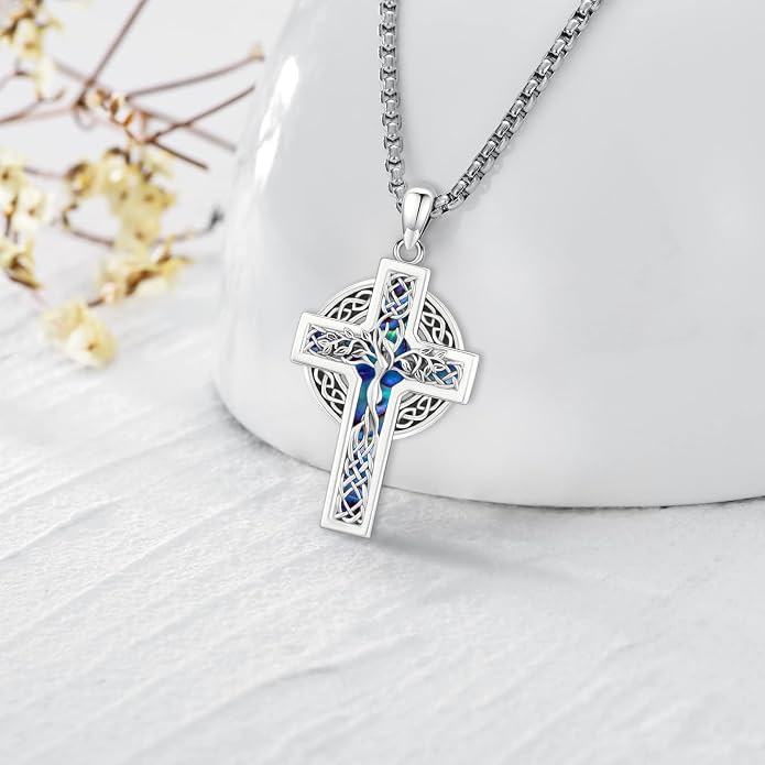 Celtic Cross Tree of Life Necklace for Women Sterling Silver Thor Hammer Tree of Life Pendant Irish Knot Cross Amulet Tree of Life Jewelry