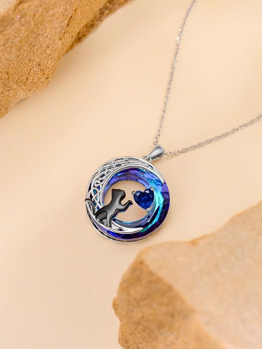 TOUPOP Cat Gifts for Cats Lovers 925 Sterling Silver Black Cat Necklace Celtic Moon Birthstone Jewelry for Women Anniversary Birthday Gift for Her Wife Mom