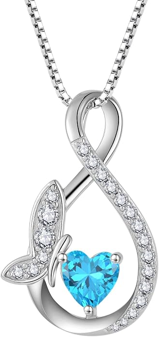 Infinity Butterfly Necklace for Women 925 Sterling Silver Heart Birthstone Created Gemstone Pendant Jewelry Gifts for Women Her