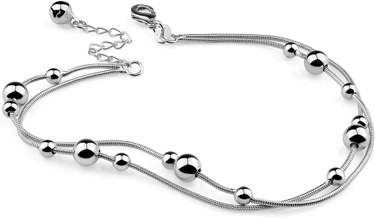 Womens Anklet 925 Sterling Silver Layered Anklet Bracelet Dainty Beaded Foot Chain Adjustable Summer 24k Gold Plated Beach Jewelry Gift