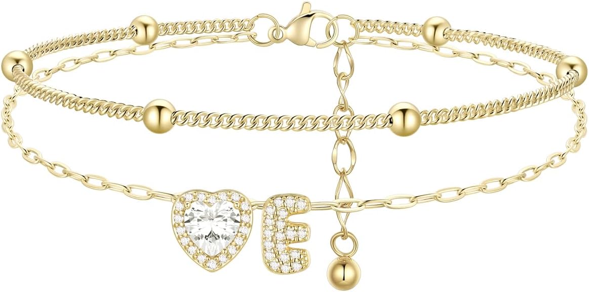 FindChic Silver/14K Gold Plated Layered CZ Initial Ankle Bracelet for Women | Waterproof Stainless Steel, Cubic Zirconia Letter Charm, Non-Tarnish, Hypoallergenic, Adjustable Extender, Summer Jewelry