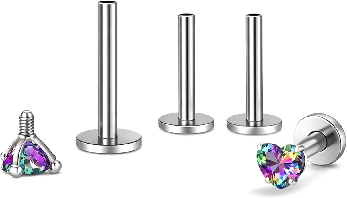 Titanium Heart CZ Labret Stud Earrings for Piercings by Ginger Lyne 6Pc Set G23 Screw Front Flat Back Body Jewelry 2 pair post 6mm, 8mm Cartilage, Helix, Tragus, Lip, Conch, Lobe