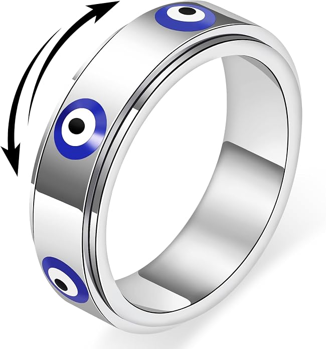 Evil Eye Fidget Ring for Women - 18K Gold Plated Stainless Steel Spinner Rings for Anxiety Relief, Ojo Turco Ring Luck Amulet, Turkish Faith Protection Stackable Jewelry Gift for Women Men