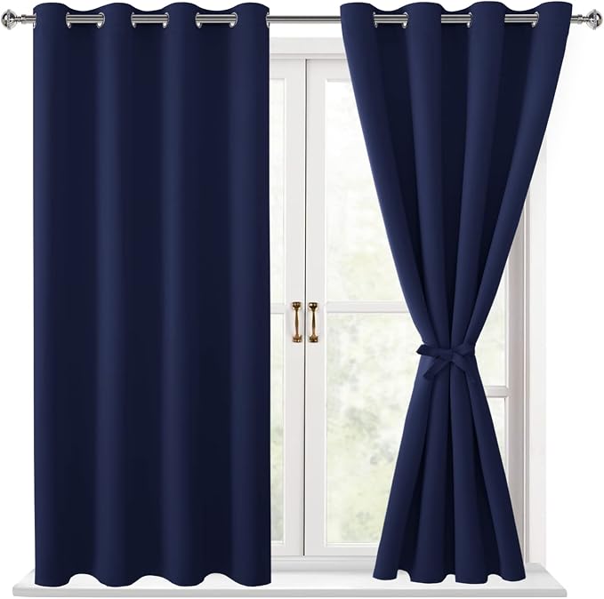 Hiasan Blackout Curtains for Bedroom - Thermal Insulated & Light Blocking Window Curtains for Living Room/Kids Room, 2 Drape Panels Sewn with Tiebacks, Navy Blue, 52 x 45 Inch