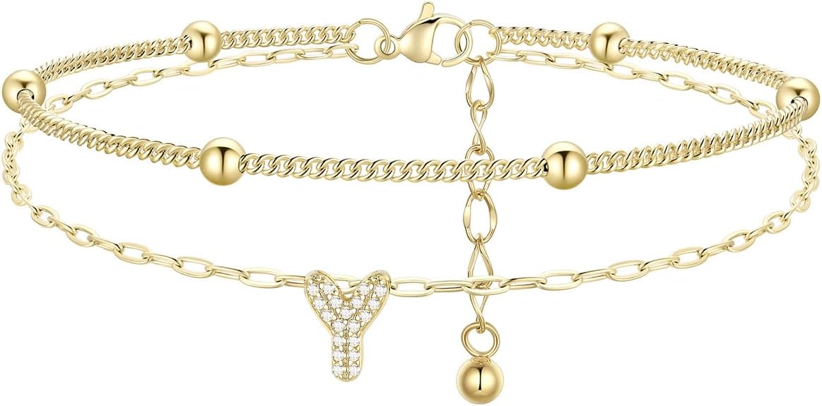 FindChic Silver/14K Gold Plated Layered CZ Initial Ankle Bracelet for Women | Waterproof Stainless Steel, Cubic Zirconia Letter Charm, Non-Tarnish, Hypoallergenic, Adjustable Extender, Summer Jewelry
