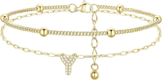 FindChic Silver/14K Gold Plated Layered CZ Initial Ankle Bracelet for Women | Waterproof Stainless Steel, Cubic Zirconia Letter Charm, Non-Tarnish, Hypoallergenic, Adjustable Extender, Summer Jewelry