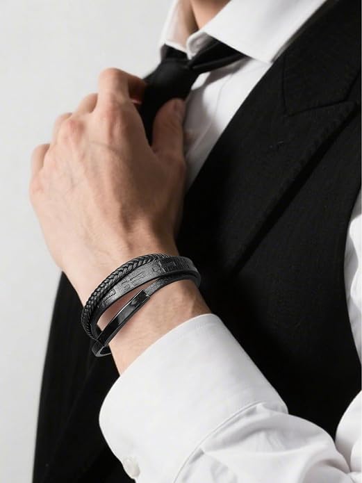 Mens Leather Cross Bracelet Multilayer Braided Wristband Bangle Bracelets with Stainless Steel Buckle Religious Gift for Men Brown/Black/Blue–8.3 inch