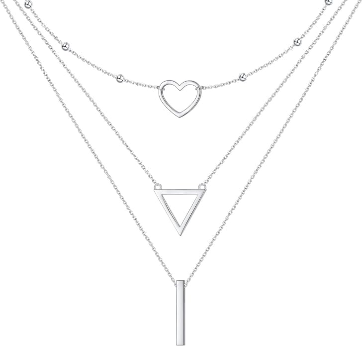 Layered Choker Necklaces for Women S925 Sterling Silver Circle/Heart/Cross/Star Multi Layered Necklace Handmade Bead Chain Adjustable Jewelry for Birthday
