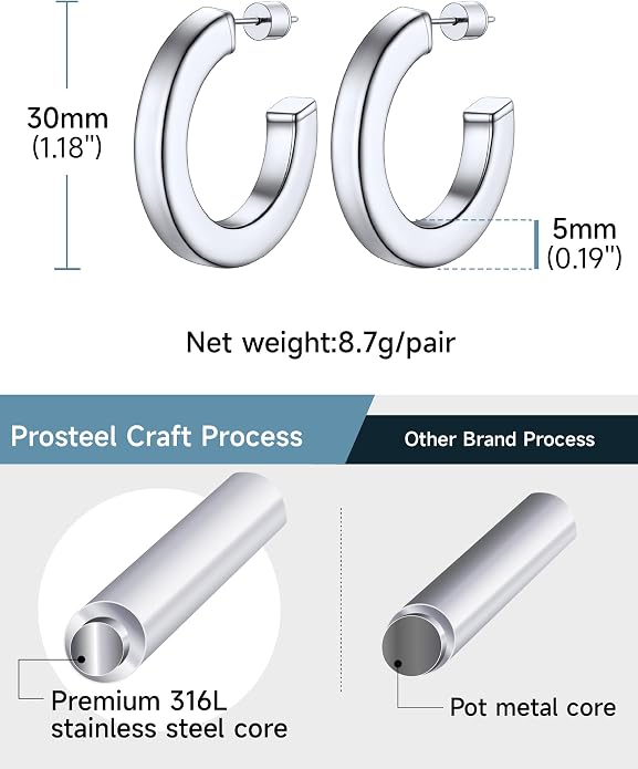 Stainless Steel Chunky Hoop Earrings For Women, Minimalist and Chic, Black/Gold Plated, Round Hoops Earrings Hypoallergenic, Size: 30mm/40mm/60mm/80mm, Come with Box