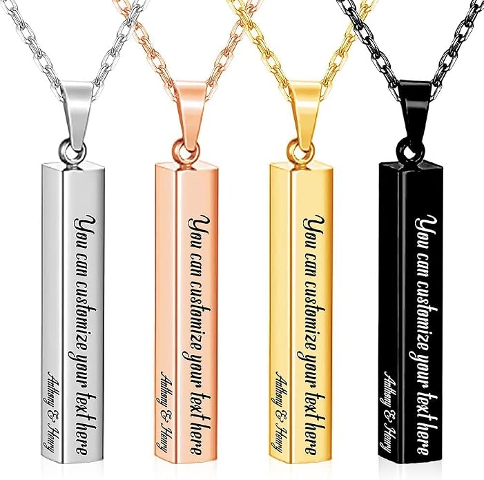 BellBlow- Personalized Bar Necklace Engraved with Name for Men Woman, Custom 3D Vertical Bar Pendant Name Chain Necklaces, 4sides Customizable Name Plate Necklace Jewelry Gift Boyfriend Girlfriend