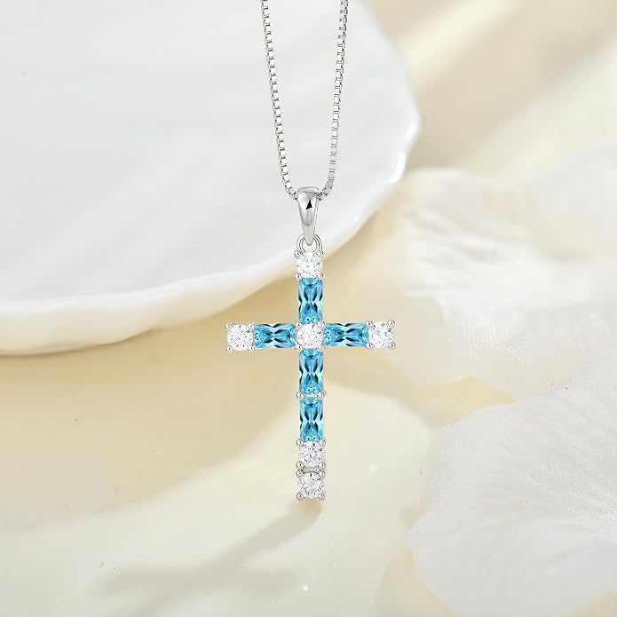 Birthstone Cross Necklace for Women 925 Sterling Silver Christian Religious Crucifix Pendant Rectangular Cut Birthstone Jewelry Gifts for Her