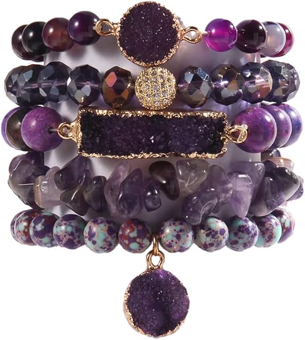 Yomisa 5PCS 6PCS Natural Boho Beaded Bracelets/Bangle for Women Men,Healing Turquoise Jasper Agate Crystal Gemstone Stone Chakra Multilayer Wrap Bohemian Handmade Jewelry Beads Stretch Bracelet Set