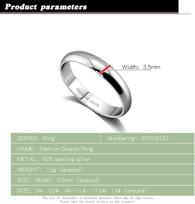 Dankadi Simple Fashion S925 Sterling Silver Ring Smooth Plain Dome Comfort Solid Silver Wedding Ring For Men & Women 3.5 mm 3-13# 24k Real Gold Plated Jewelry