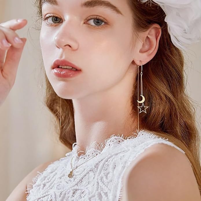 Reffeer Solid 925 Sterling Silver Moon Star Threader Dangle Earrings Chain for Women Teens Long Dangle Earrings Tassel Chain