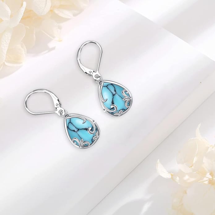 Dangle Earrings Sterling Silver Moonstone/Turquoise/CZ/Crystal Earrings for Women Tree of Life Animal Filigree Leverback Earrings Jewelry Gifts