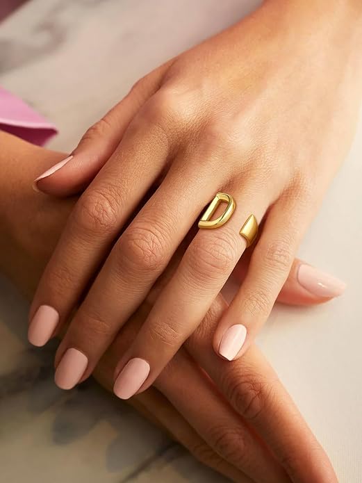 Suplight Nikel Free 18K Gold Plated Letter Rings, Fashion Monogram Jewelry Statement A-Z Wide Name Initial Alphabet Adjustable Open Ring for Women