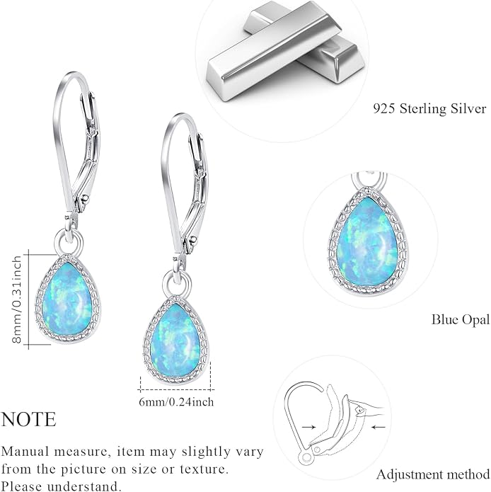 Teardrop Leverback Drop Dangly Earrings, 925 Sterling Silver with Opal/Moonstone Hypoallegenic for Sensitive Ears Jewelry Gift for Women Girlfriend with Gift Box