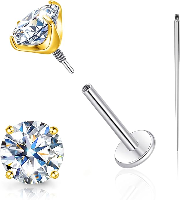 Limerencia Moissanite Internal Thread 18G Titanium Earrings, Hypoallergenic F136 Titanium Flat Back Piercing Studs, VVS1 Lab-created Moissanite Studs for Women Men Tragus Helix Cartilage Conch Labret