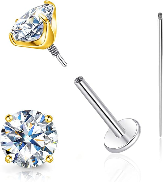 Limerencia Moissanite Internal Thread 18G Titanium Earrings, Hypoallergenic F136 Titanium Flat Back Piercing Studs, VVS1 Lab-created Moissanite Studs for Women Men Tragus Helix Cartilage Conch Labret