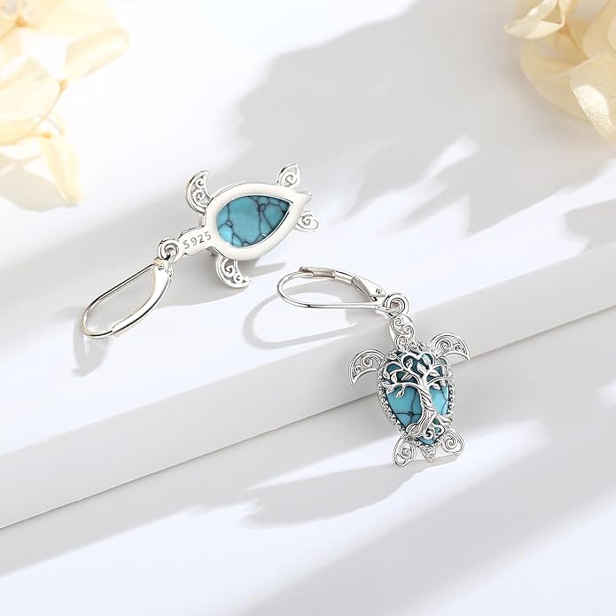 Vito 925 Sterling Silver Teardrop Earrings for Women, Moonstone Turquoise Drop Dangle Earrings Cat Snake Turtle Tree of Life Leverback Earrings Boho Jewelry Gift for Mom Wife