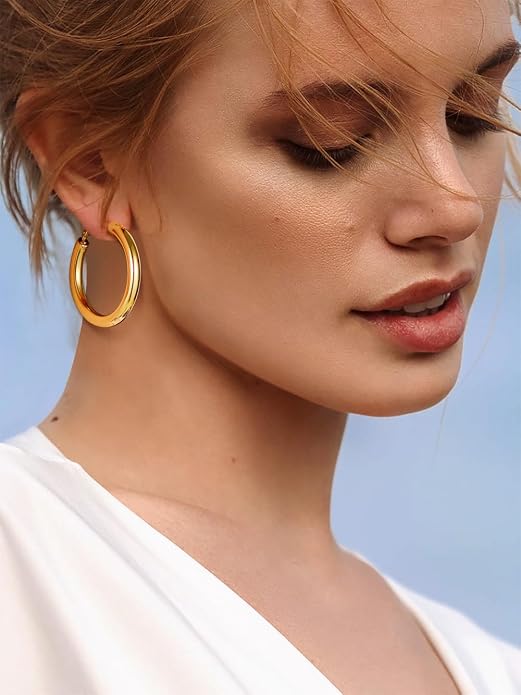 Stainless Steel Chunky Hoop Earrings For Women, Minimalist and Chic, Black/Gold Plated, Round Hoops Earrings Hypoallergenic, Size: 30mm/40mm/60mm/80mm, Come with Box