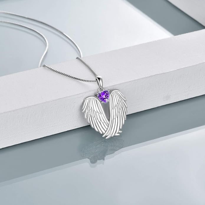 YFN Angel Wings Necklace 925 Sterling Silver Guardian Angel Wings Pendant Necklace Birthstone Necklace for Women Girls Christmas Jewelry Gifts
