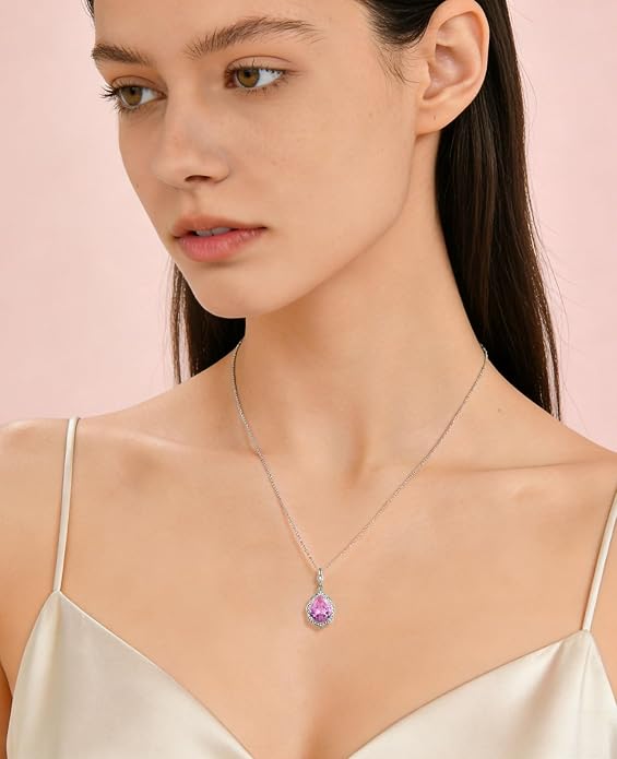 Fahonie Birthstone Necklace for Women 925 Sterling Silver Teardrop Gemstone Pendant Necklace Anniversary Birthday Christmas Cubic Zirconia Jewelry Gifts for Women Mom
